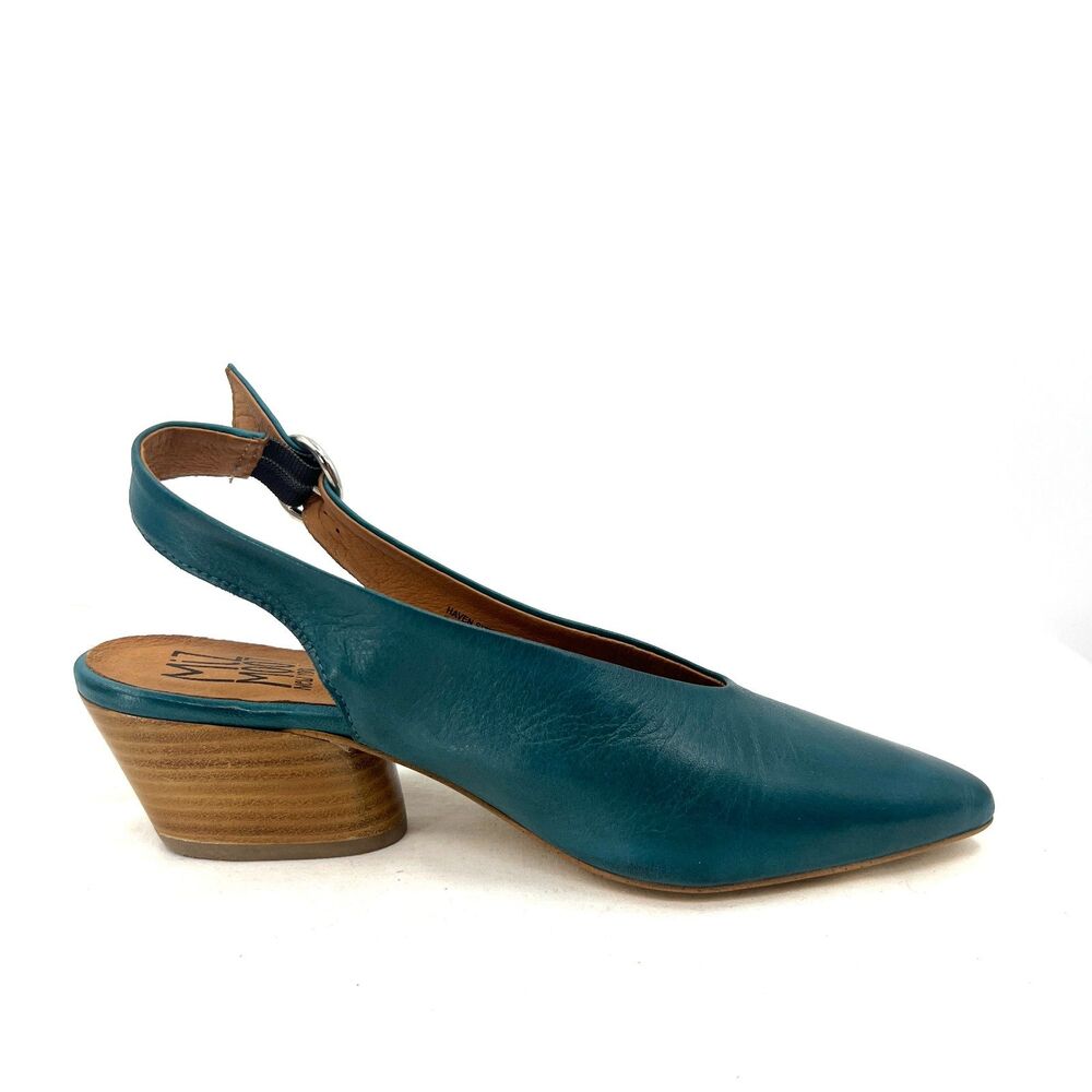 Miz Mooz Haven Teal Leather Slingback Pointed Toe Block Heel Pumps Sz 36 US 5.5-